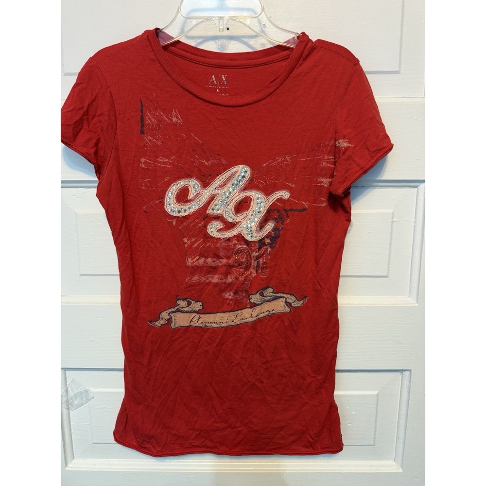 Vintage Y2K Armani Exchange Rhinestone Logo Graphic Tee Red Small